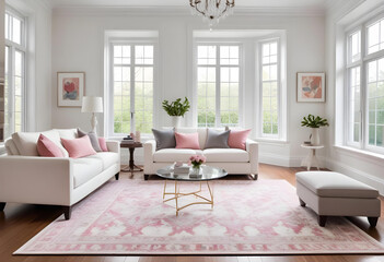 Fototapeta premium Sleek and modern living room featuring a gray sectional sofa, minimalist shelving, monochrome decor, and indoor plants, 