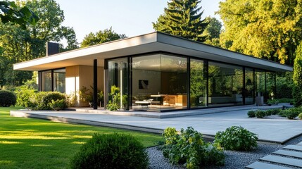 An exterior shot of a minimalist house with a simple geometric design, large glass windows, and a clean, landscaped garden