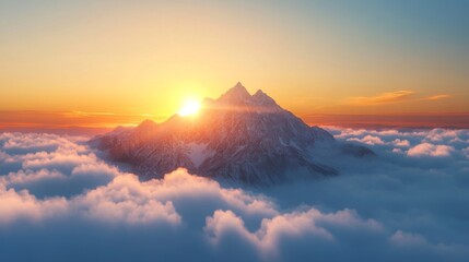 An isolated mountain peak surrounded by clouds at sunrise