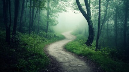 Obraz premium An isolated path winding through a foggy woodland