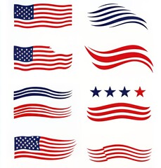 Obraz premium Collection of artistic American flag designs with flowing elements in red, white, and blue.