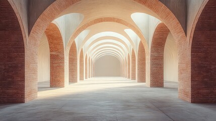 Fototapeta premium Beautiful corridor of arches with warm brick and soft natural light, creating a symmetrical and serene architectural space.