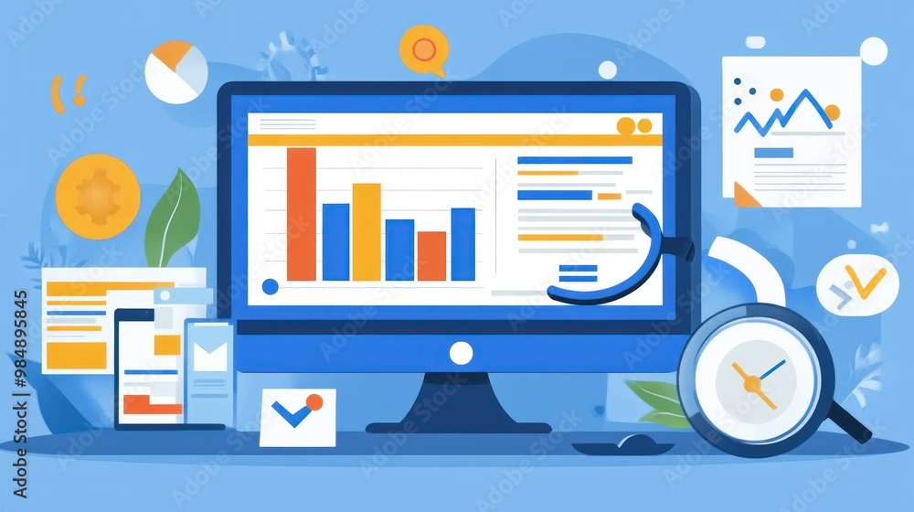 Poster desktop displaying data analytics with charts and graphs