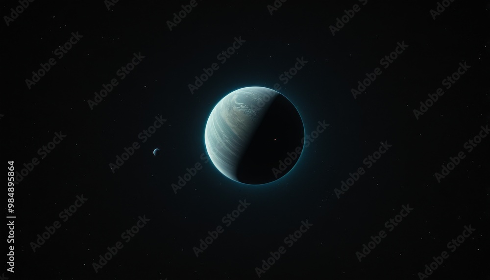 Poster a captivating image of a distant planet, half in shadow, accompanied by its smaller moon. the scene 