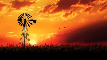 An isolated windmill standing tall against a golden sunset
