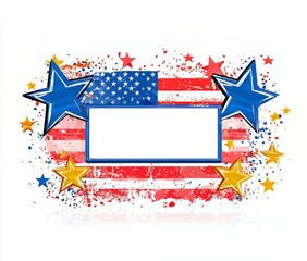 Colorful stars against a textured American flag background.