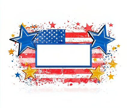 Colorful stars against a textured American flag background.