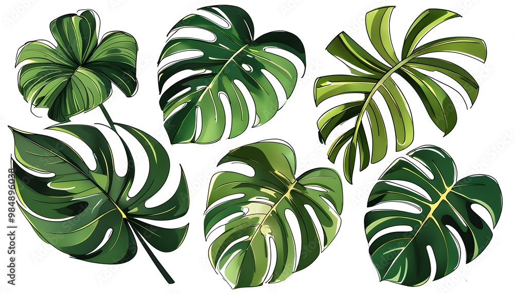 Wall mural Abstract Tropical Leaves: Hand-Drawn Shapes in Vibrant AI-Generated Illustrations