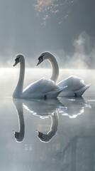 In the misty morning lake, swans move gracefully.