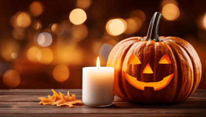 Gros plan de citrouilles d'Halloween sur une table, avec des bougies
