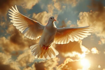 Dove flying with wings open in front of the sun.