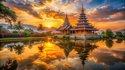 Fototapeta premium A stunning sunset over tranquil temple, reflecting beautifully in water. vibrant colors of sky enhance serene atmosphere, creating peaceful scene