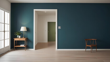 Fototapeta premium Simple and elegant living room featuring wooden furniture, dark accent walls, and soft lighting, emphasizing a minimalist interior design. 