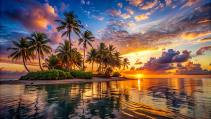 A stunning sunset on tropical island showcases vibrant colors reflecting on calm waters, surrounded by lush palm trees. serene atmosphere evokes sense of peace and tranquility