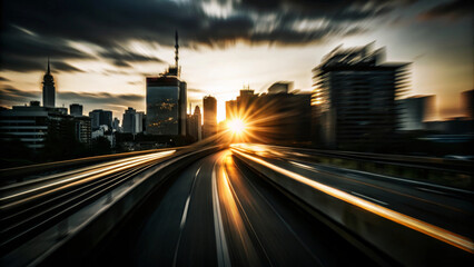Obraz premium A stunning sunset over bustling city skyline, with vibrant colors illuminating buildings and sense of motion captured in foreground. scene evokes feeling of energy and transition