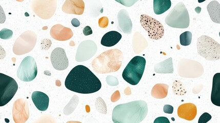 Watercolor pebbles in shades of green, brown, and beige forming a seamless pattern. Perfect for nature-inspired designs or abstract backgrounds.