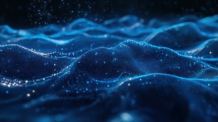 futuristic abstract blue tech background with digital waves particles artificial neural network cyber computing