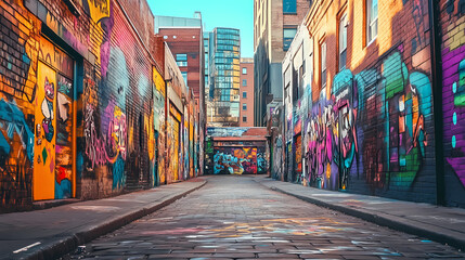 Fototapeta premium Urban street art and graffiti, colorful alleyway exploration, city culture and vibe. Graffiti Alley. Illustration