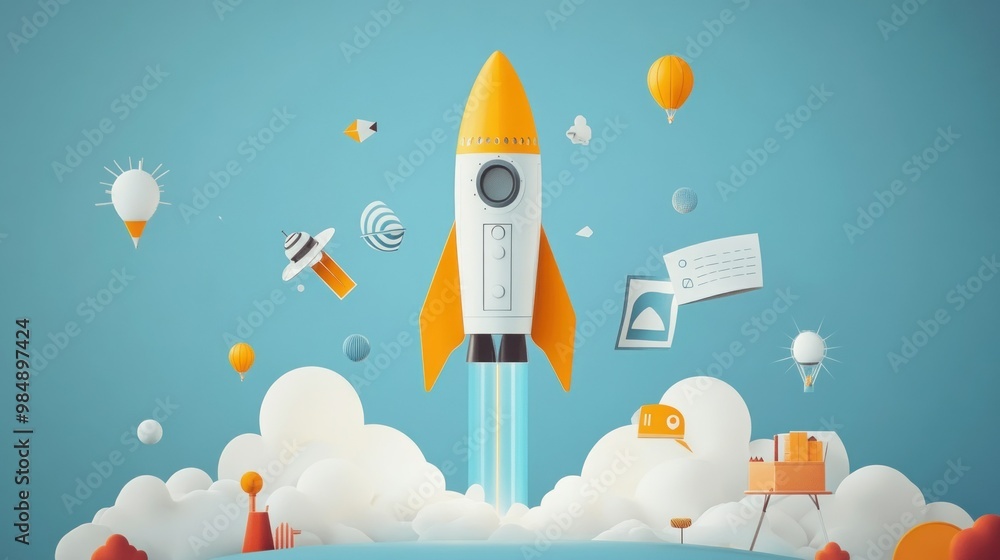 Poster rocket launching through clouds with abstract objects