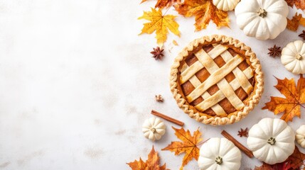 Pumpkin pie surrounded by white pumpkins, autumn leaves, cinnamon sticks, and pinecones on a white background, isolated for festive seasonal use.
