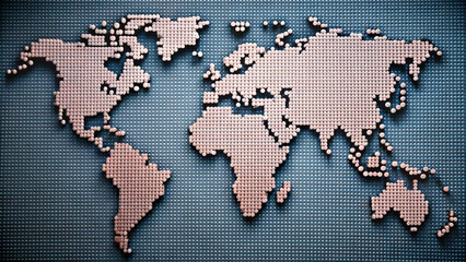 A world map created with dotted patterns, showcasing continents in unique design. This artistic representation highlights geographical features and invites exploration