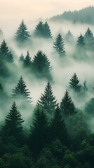 Dense fog rolling over quiet forest with tall trees peaceful and mysterious atmosphere in serene natural landscape