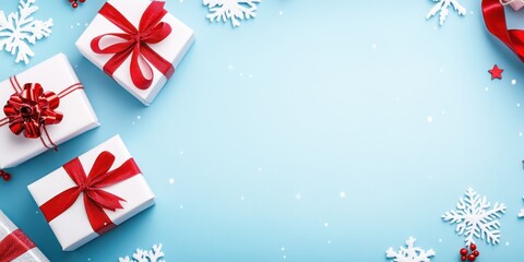 Brown paper-wrapped Christmas presents with red bows, surrounded by snowflakes on a snowy blue background. Festive holiday gift-giving concept.