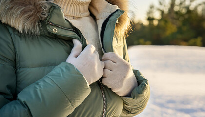 Close-up of a person adjusting their winter gloves and jacket
