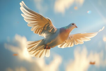 Obraz premium Dove Soaring with Wings Open in Blue Sky