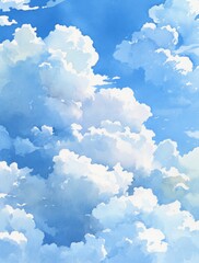 A watercolor painting of a sky filled with fluffy white clouds