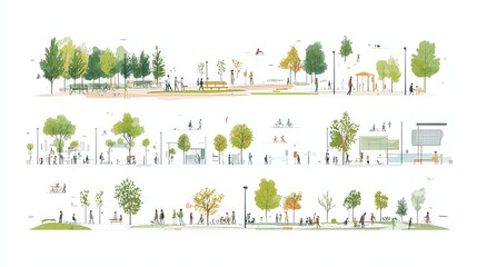 A set of vector architectural drawings depicting people in an outdoor park, rendered in a minimal hand-drawn style for use in sections, elevations, and floor plans