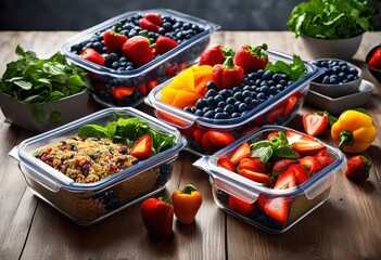 vibrant organized meal prep containers categorized food type featuring fresh ingredients bright colors healthy eating, storage, colorful, lunch, boxes, dinner