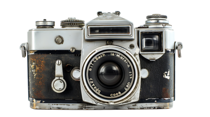 Vintage analog camera with visible dials and buttons, isolated on a white background