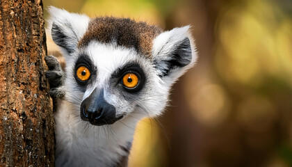 Obraz premium Curious Lemur Catta peeking from behind a tree 