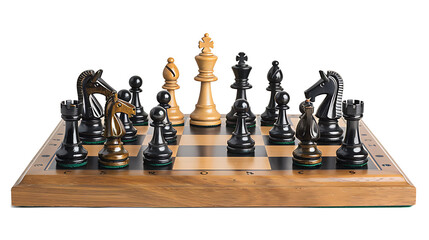 Detailed chessboard with pieces arranged for a game, isolated on a white background