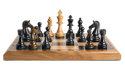 Detailed chessboard with pieces arranged for a game, isolated on a white background