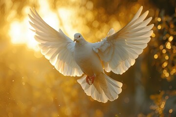 Dove flying with wings open in front of the sun.