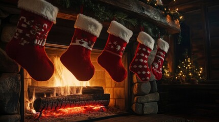 Christmas stockings in bold red and white hanging over a rustic stone fireplace, with glowing fire and soft shadows.