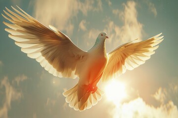 Dove flying with wings open in front of the sun.