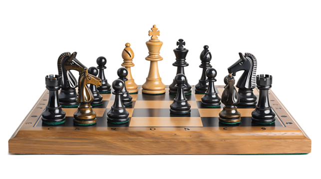 Detailed chessboard with pieces arranged for a game, isolated on a white background