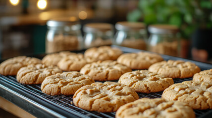 Freshly baked cookies cooling on a wire rack in a kitchen.