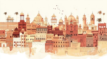 Hand-drawn illustration showcasing the famous architectural landmarks of Rajasthan, including its unique skyline and cultural elements like the Kachhi Ghodi folk dance