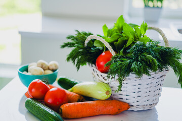 Close up photo of fresh products vegetables meal dish modern kitchen home house day light indoors