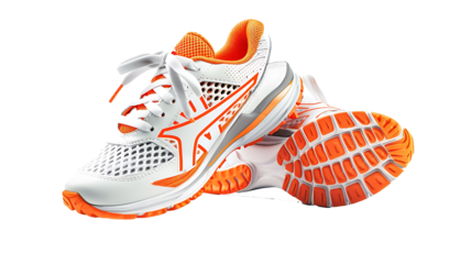 Pair of sleek running shoes with visible sole patterns, isolated on a white background,