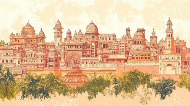 Hand-drawn illustration showcasing the famous architectural landmarks of Rajasthan, including its unique skyline and cultural elements like the Kachhi Ghodi folk dance