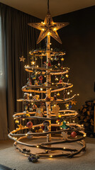 Alternative Eco christmas tree made from branches, driftwood and lights. Tree DIY n interior. Eco holiday at home. Idea creative Zero waste decorations home at holiday