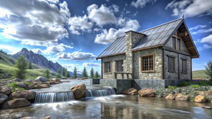 A picturesque stone house by serene stream, surrounded by lush greenery and majestic mountains under bright blue sky with fluffy clouds. tranquil scene evokes sense of peace and harmony with nature