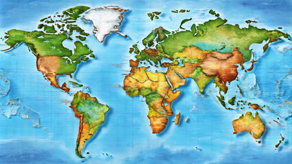 A detailed world map showcasing various continents and countries, highlighting geographical features and colors. This vibrant illustration serves as perfect educational tool for geography enthusiasts