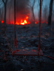 Empty swing in burned forest with fire in the background
