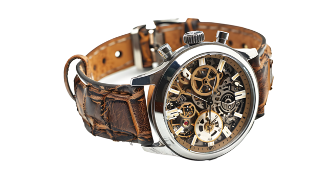 Luxury wristwatch with a leather strap and intricate details, isolated on a white background